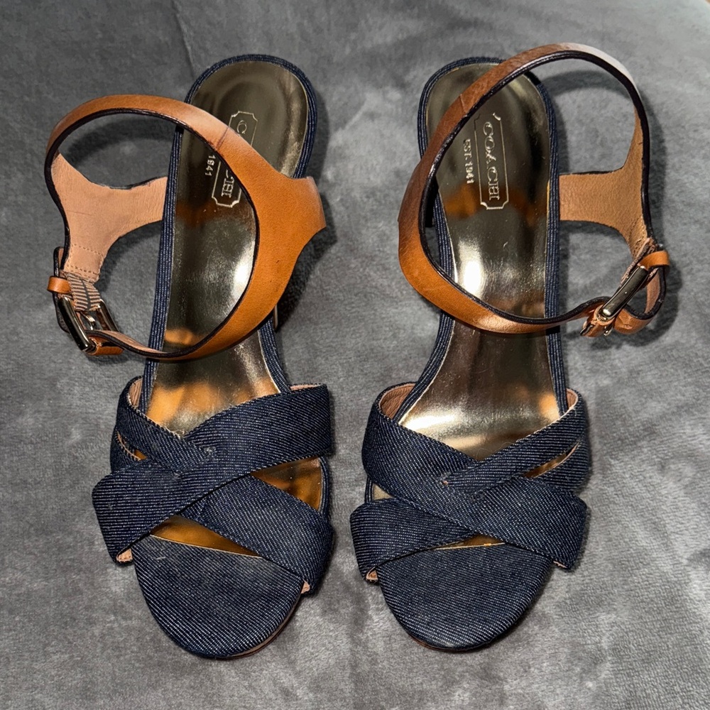 Coach Blue Denim and Tan Brown Leather Strappy Sandals